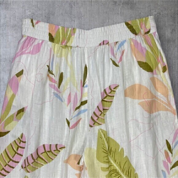 Cynthia Rowley Linen Pants Womens L Cream Tropical Print Wide Leg Crop Pull On - Picture 8 of 15